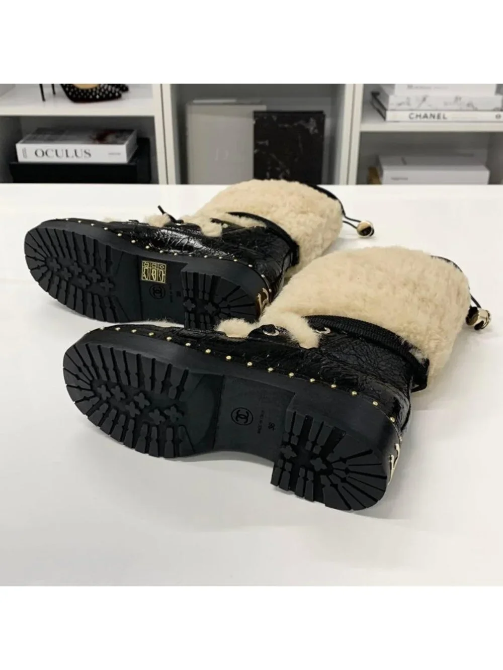 Chanel CC Logo Crinkle Shearling Leather Middle Boots Black